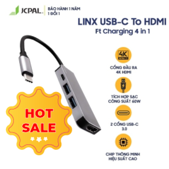 Cổng chuyển JCPAL LINX USB-C To HDMI Ft Charging 4 in 1- Hàng Chính Hãng Nguyên Hộp 